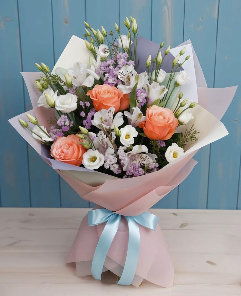 Букет цветов из: Лизиантусы, Розы, Альстромерии и Гипсофила в Коренево