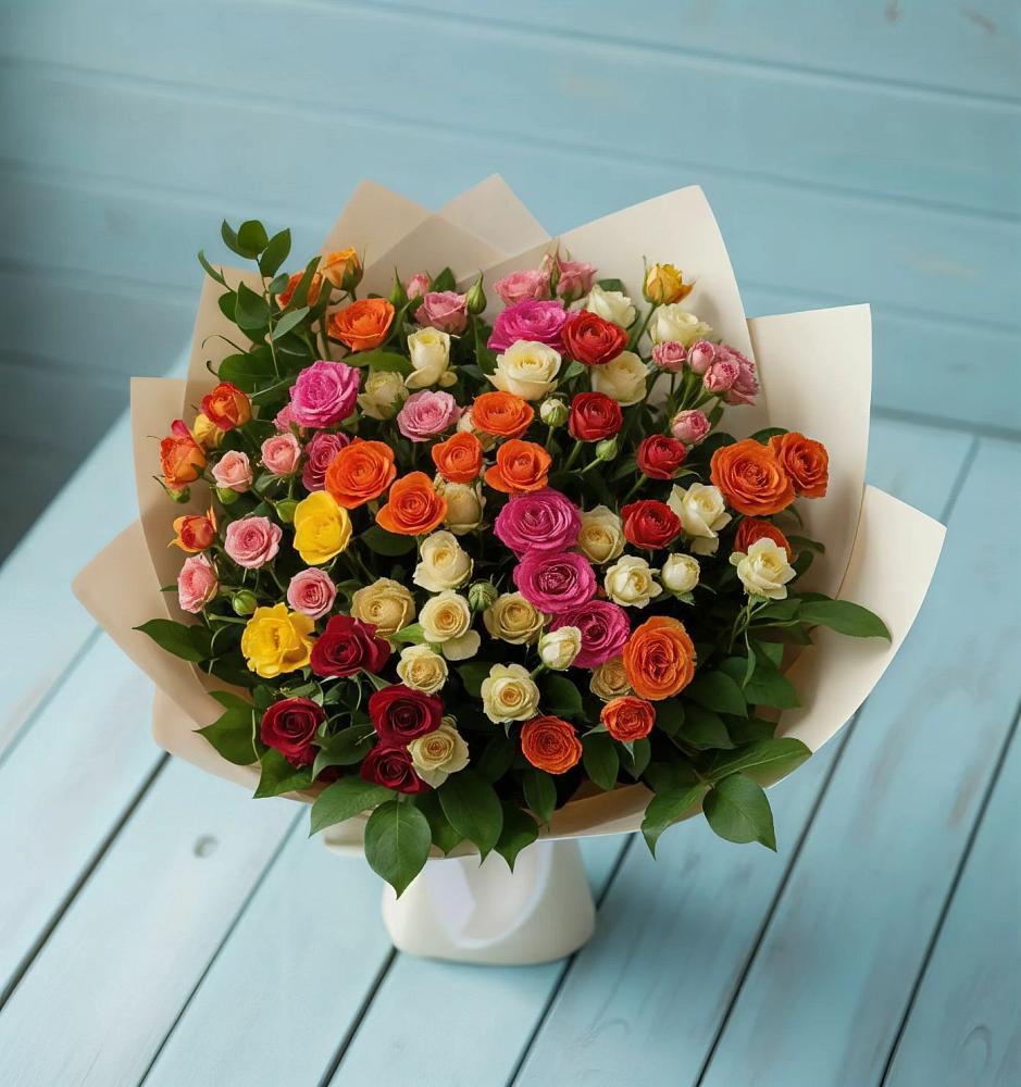 Букет Микс из разноцветных кустовых роз в Коренево