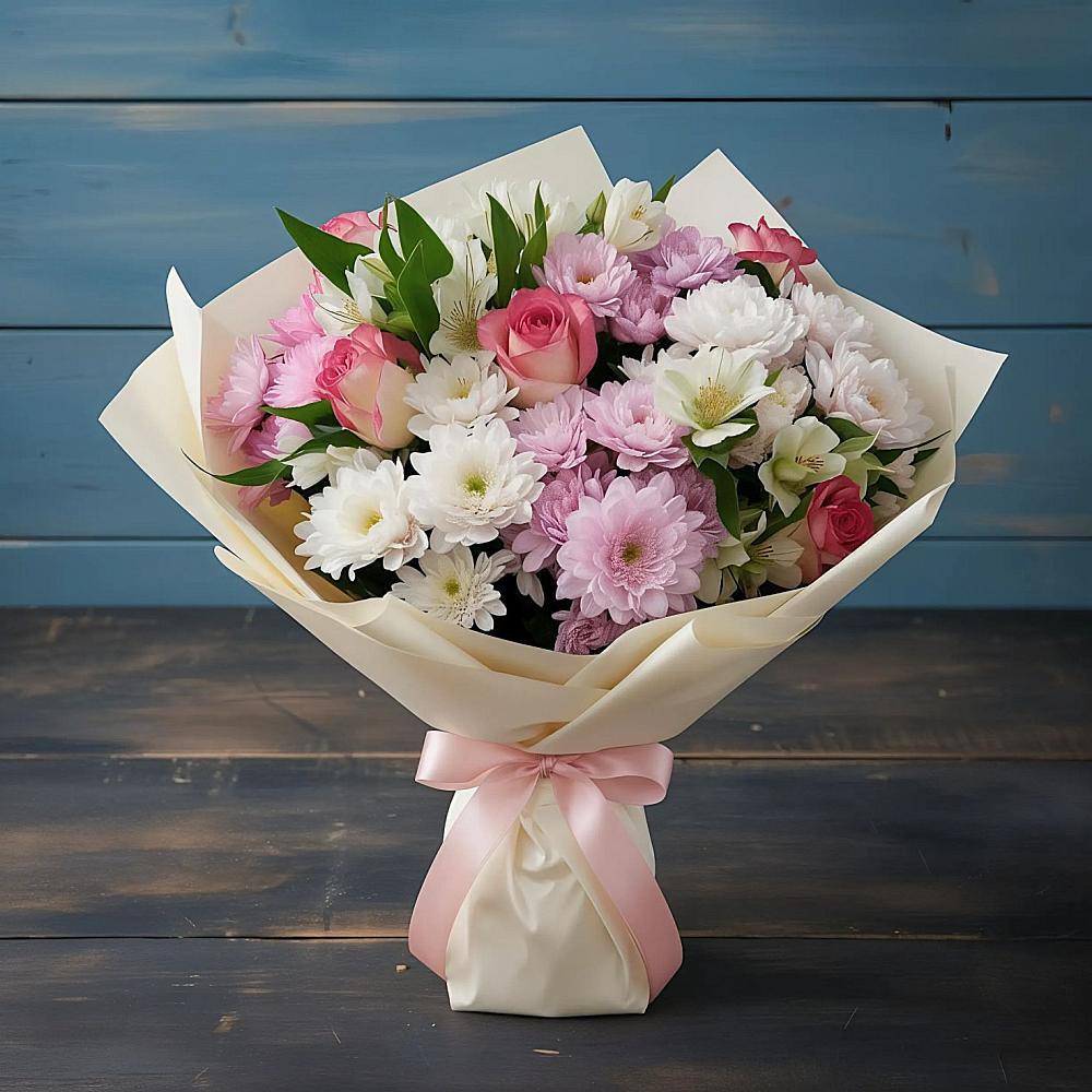 Букет цветов из: Хризантемы, Альстромерии и Розы в Коренево